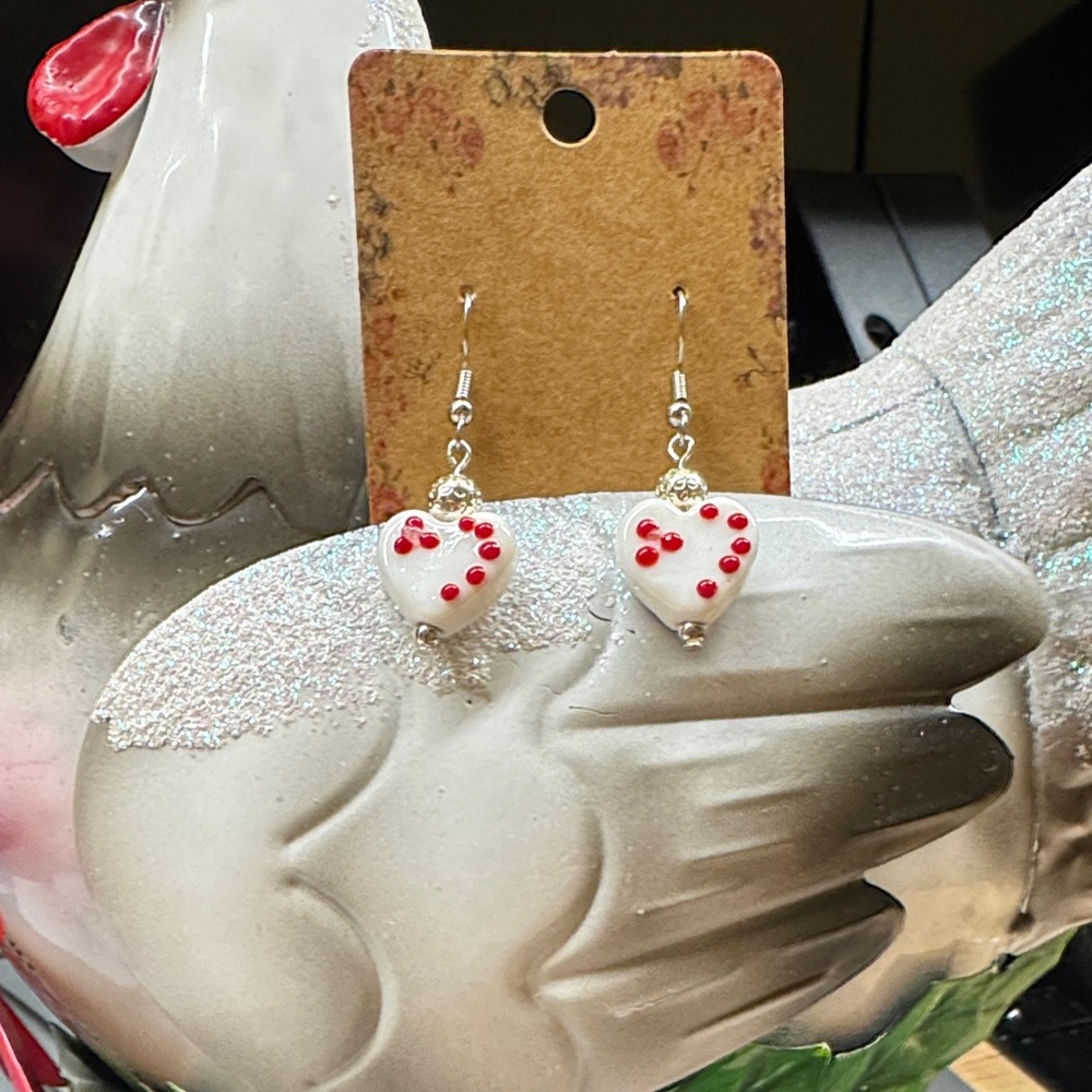 Valentine’s Day Heart-Shaped Lampwork Red and White Earrings 2/$22